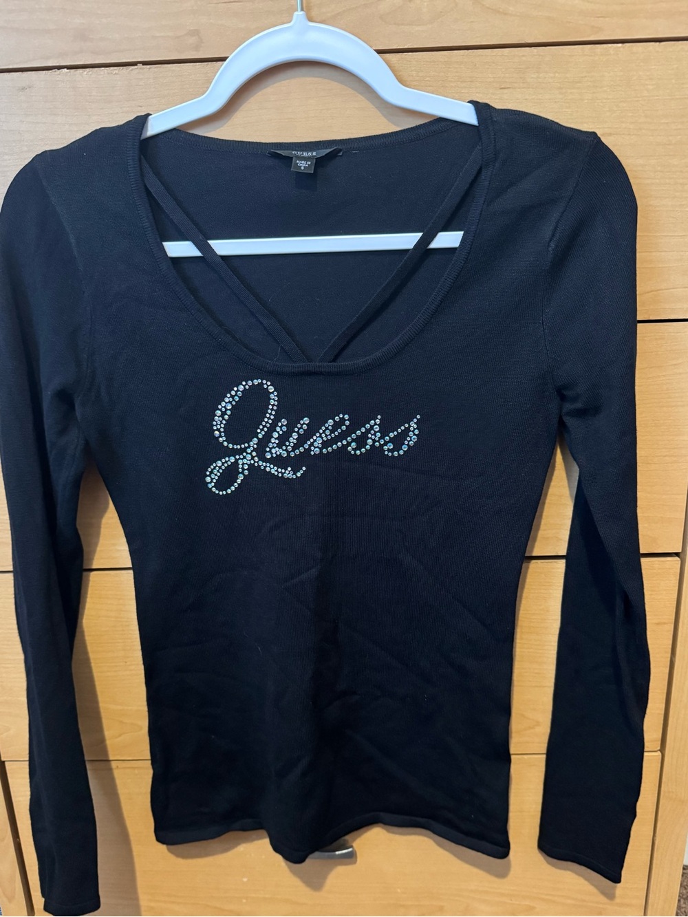 GUESS Black Long Sleeve V-Neck Top with Crystal Logo
